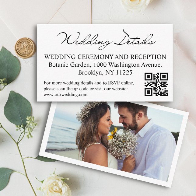 Carte D'accompagnement détails mariage et code rsvp qr photo moderne (Créateur téléchargé)