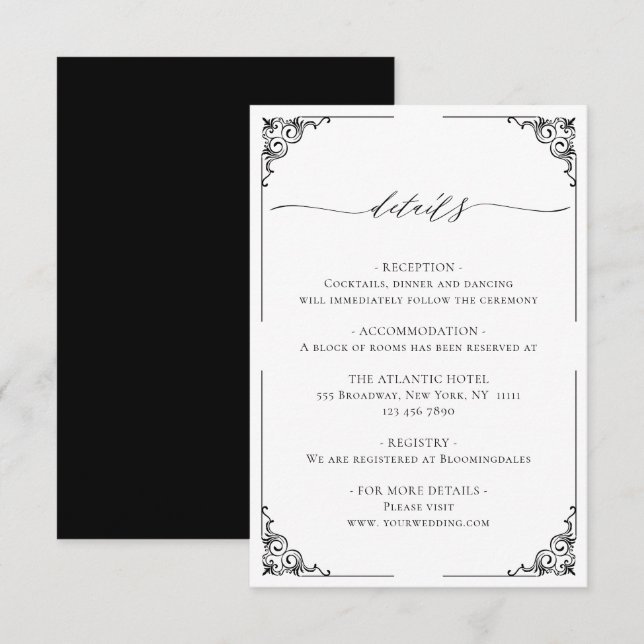 Carte D'accompagnement Détails Mariage Noir Et Blanc Simple Et Élégant (Devant / Derrière)