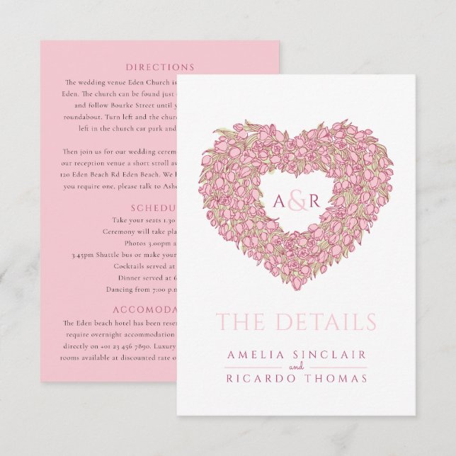Carte D'accompagnement détails mariage tulipes rose bouquet de coeur mono (Devant / Derrière)