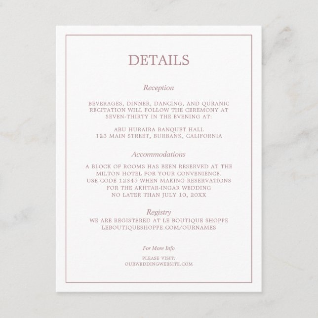 Carte D'accompagnement Détails minimaliste du Mariage Rose Gold Détails d (Devant)