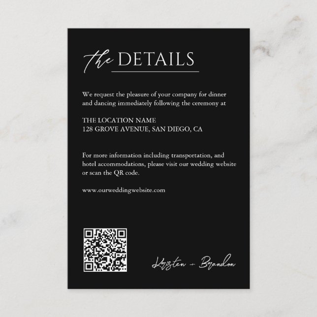 Carte D'accompagnement Détails minimalistes sur le Mariage noir Informati (Devant)