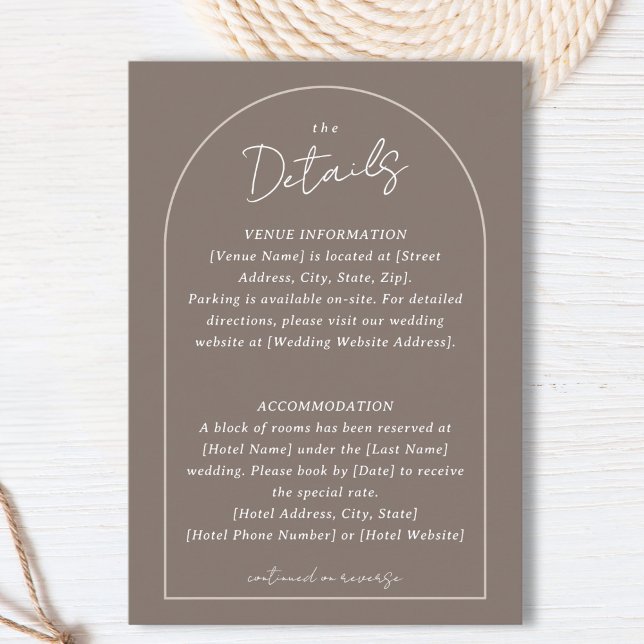 Carte D'accompagnement Détails personnalisés du Mariage de bordure simple (Simple Arched Border Wedding Custom Details Taupe Enclosure Card)