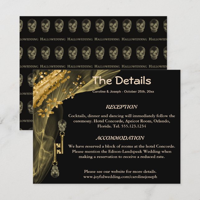 Carte D'accompagnement Détails pour le mariage avec des crânes noirs et d (Devant / Derrière)