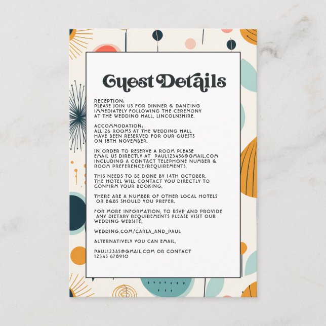Carte D'accompagnement Détails pour les invités de mariage à motif rétro  (Devant)