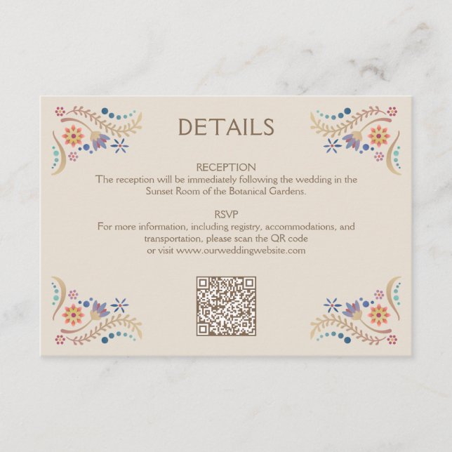 Carte D'accompagnement Détails QR du Mariage Fiesta Boho (Devant)