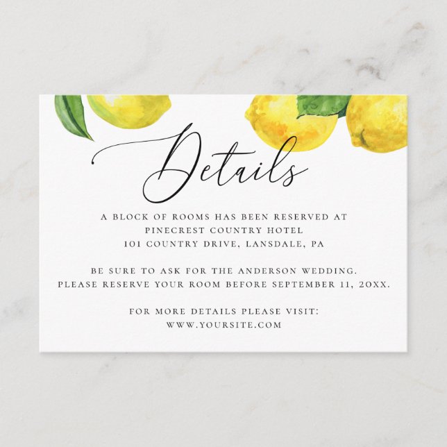 Carte D'accompagnement Détails Rustic Lemon Mariage. Logement Citrus (Devant)