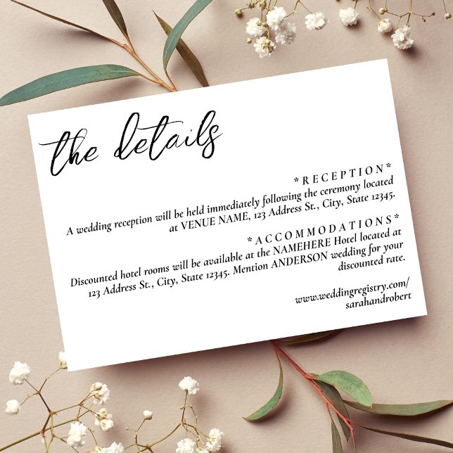 Carte D'accompagnement Détails simples du Mariage blanc (Simple White Wedding Details Enclosure Card)