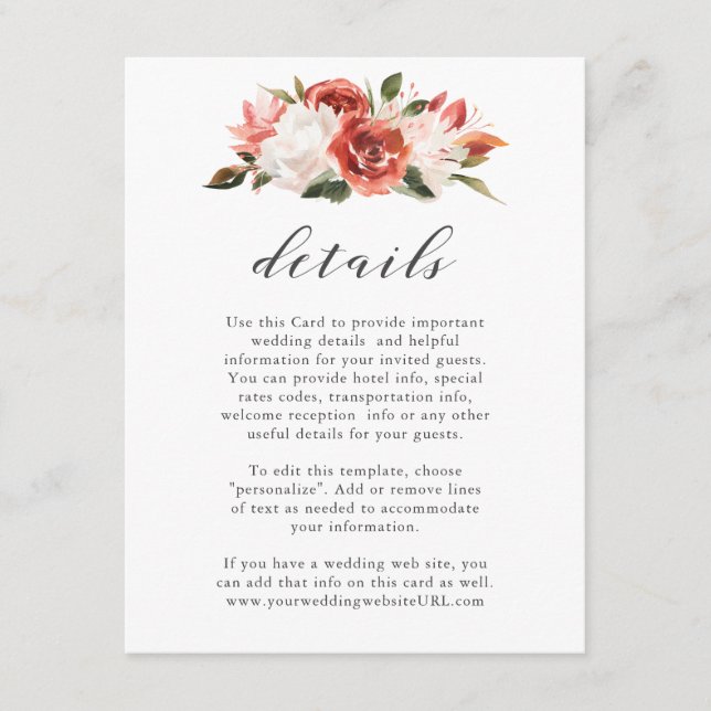 Carte D'accompagnement Détails subtils du Mariage floral rouge et blanc (Devant)