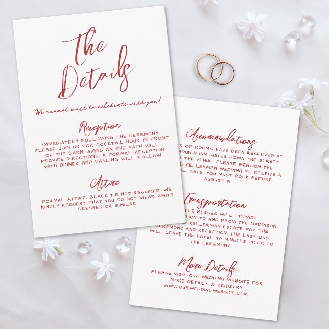 Carte D'accompagnement Détails sur le Mariage blanc manuscrit simple (Simple Handwritten Whimsical Red Wedding Details Enclosure Card)