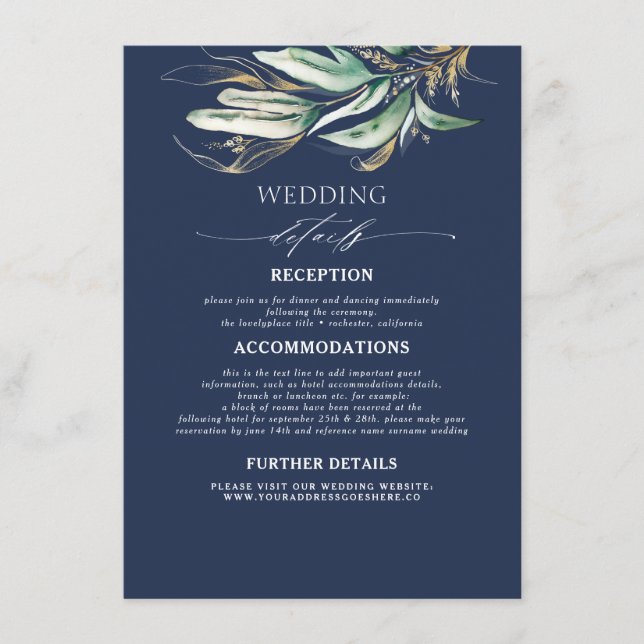 Carte D'accompagnement Détails sur le Mariage bleu de Green and Gold Navy (Devant)