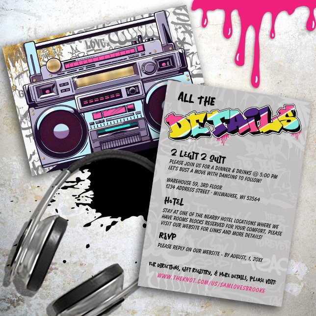 Carte D'accompagnement Détails sur le Mariage de Boombox Gold Hip hop Ret (Retro 80's Hip Hop boombox colorful graffiti hot pink aqua gold record album wedding details card)