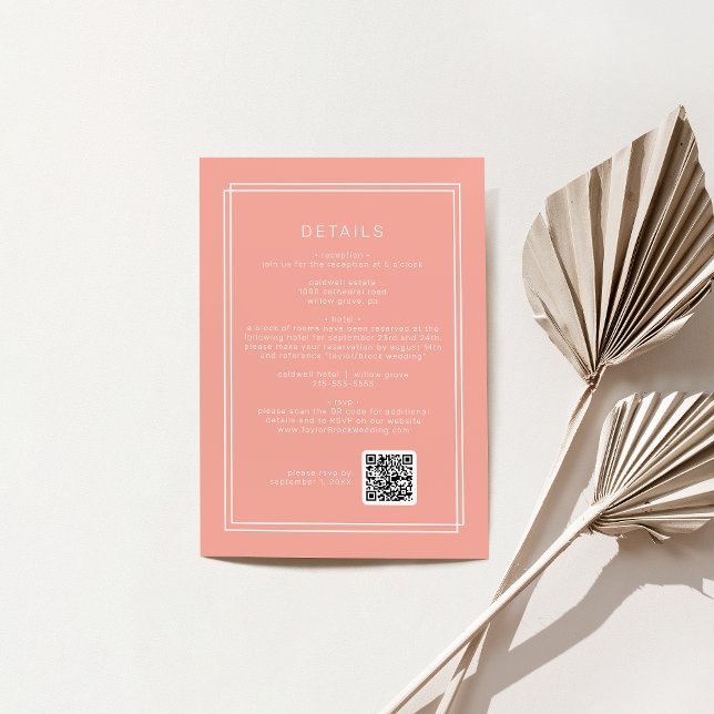 Carte D'accompagnement Détails sur le Mariage de code QR Peach minimal Bu (AVERY Minimal Blush Peach QR Code Wedding Details Enclosure Card)