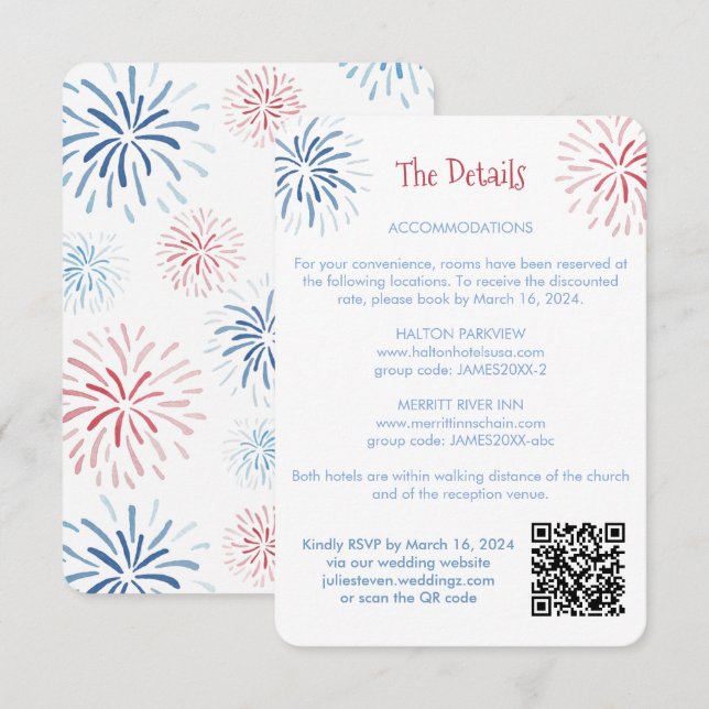 Carte D'accompagnement Détails sur le Mariage de code QR rouge blanc bleu (Devant / Derrière)