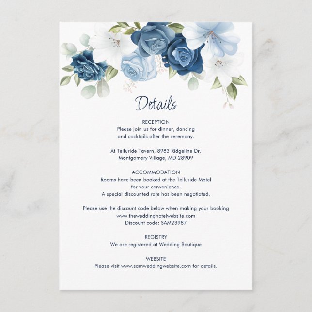 Carte D'accompagnement Détails sur le Mariage de fleurs bleu foncé (Devant)