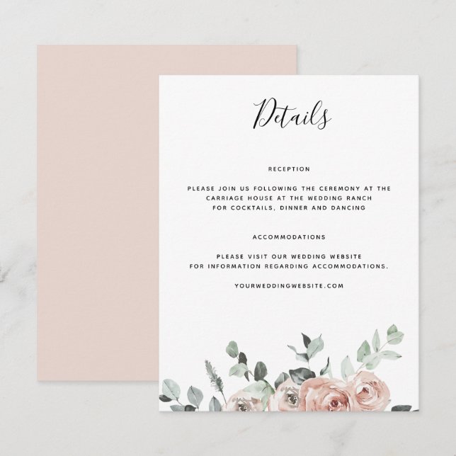 Carte D'accompagnement Détails sur le Mariage de Rose rose Dusty (Devant / Derrière)