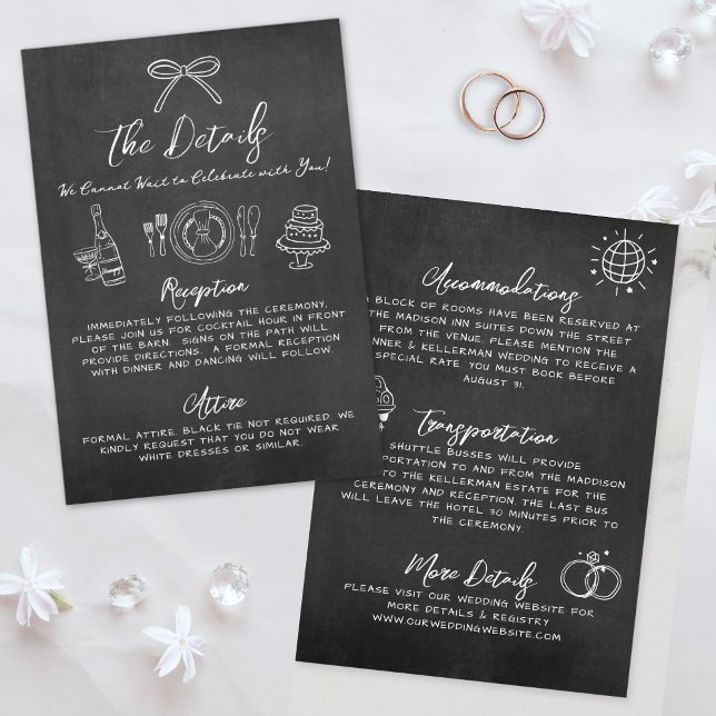 Carte D'accompagnement Détails sur le Mariage lunaire du tableau de bord  (Hand Drawn Chalkboard Whimsical Wedding Details Enclosure Card)