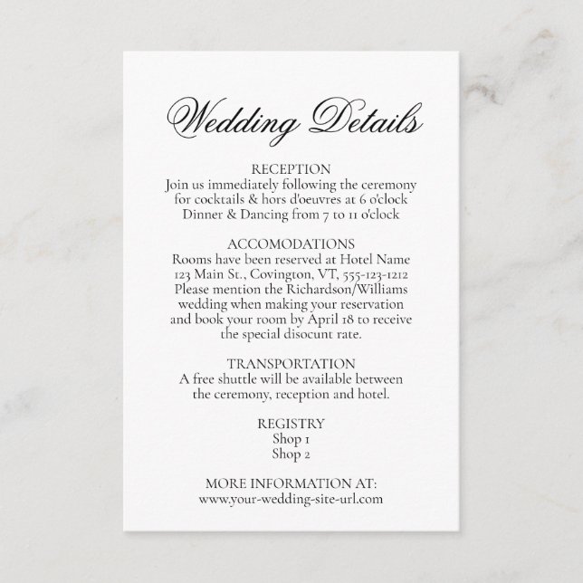Carte D'accompagnement Détails sur le Mariage noir et blanc Simple Elegan (Devant)