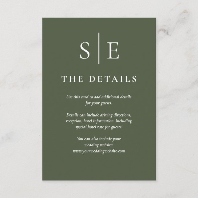 Carte D'accompagnement Détails sur le Mariage Olive Green Monogram (Devant)