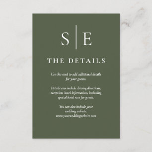 Carte D'accompagnement Détails sur le Mariage Olive Green Monogram