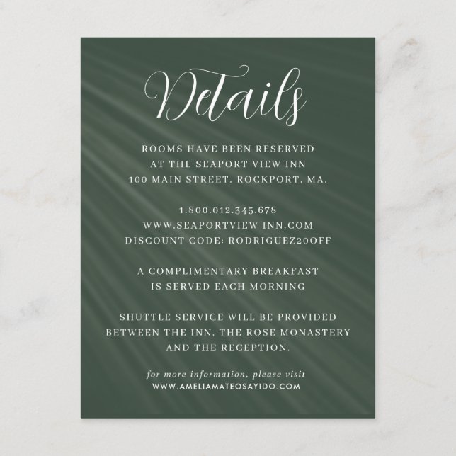 Carte D'accompagnement Détails sur le Mariage simple Script Dark Green (Devant)