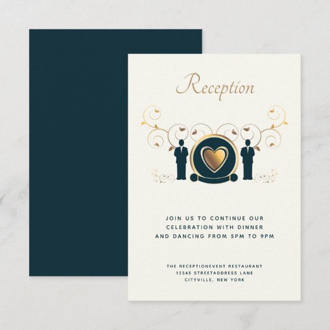 Carte D'accompagnement Deux salles Mariage mâle crème bleu LGBTQ Réceptio (Devant / Derrière)