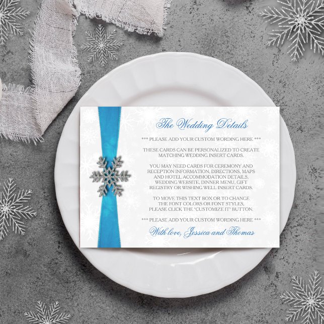 Carte D'accompagnement Diamante Snowflake & Blue Ribbon Mariage d'hiver (Créateur téléchargé)