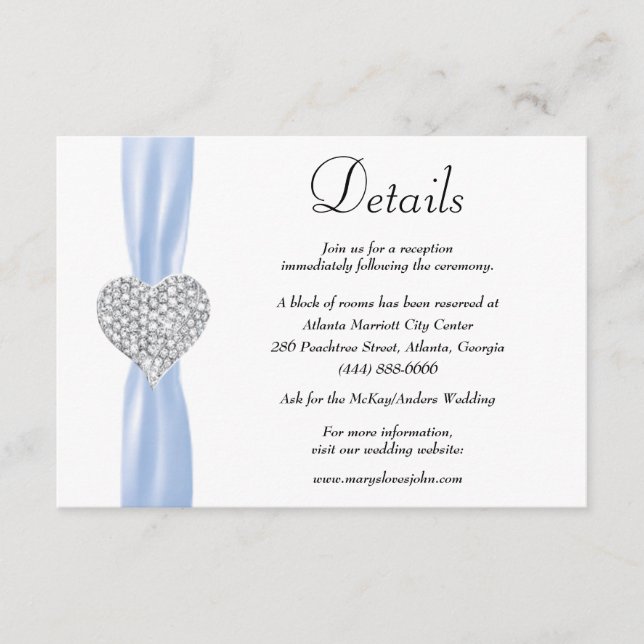 Carte D'accompagnement Diamond Heart Blue Ribbon Détails du Mariage (Devant)