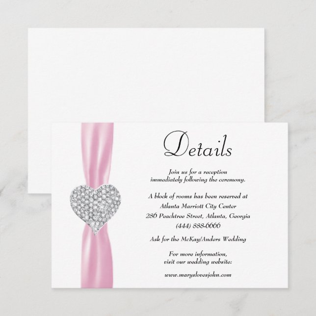 Carte D'accompagnement Diamond Heart Pink Ribbon Détails du Mariage (Devant / Derrière)
