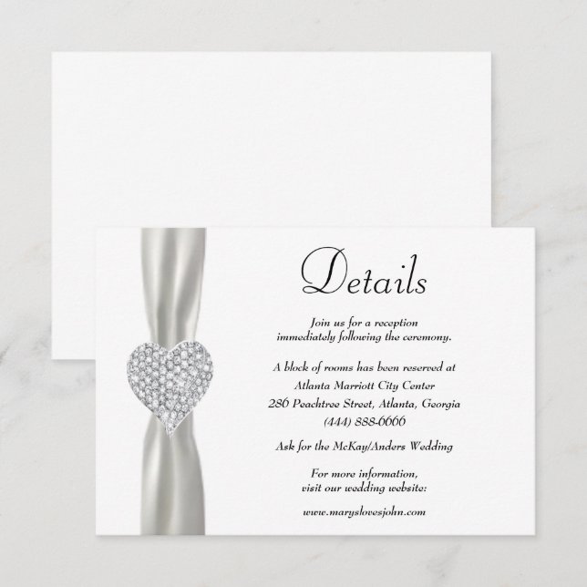 Carte D'accompagnement Diamond Heart White Ribbon Détails du Mariage (Devant / Derrière)