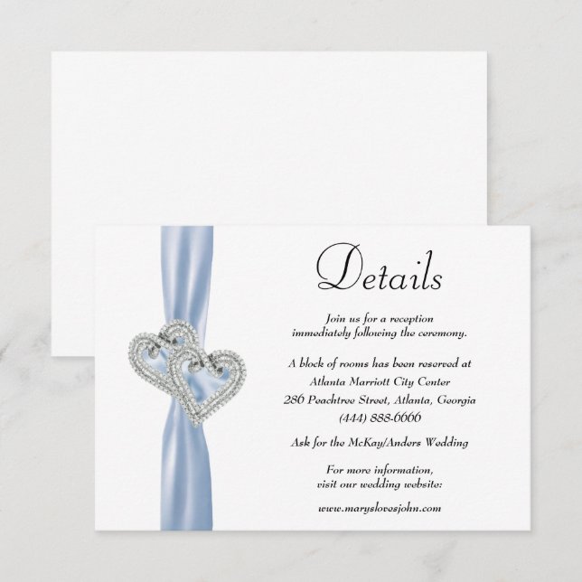 Carte D'accompagnement Diamond Hearts Blue Ribbon Détails du Mariage (Devant / Derrière)