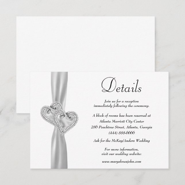 Carte D'accompagnement Diamond Hearts White Ribbon Détails du Mariage (Devant / Derrière)