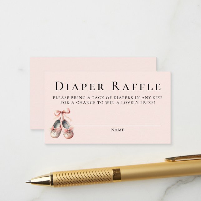 Carte D'accompagnement Diaper Raffle Ballerina Chaussures Baby shower fil (Devant/Arrière en situation)
