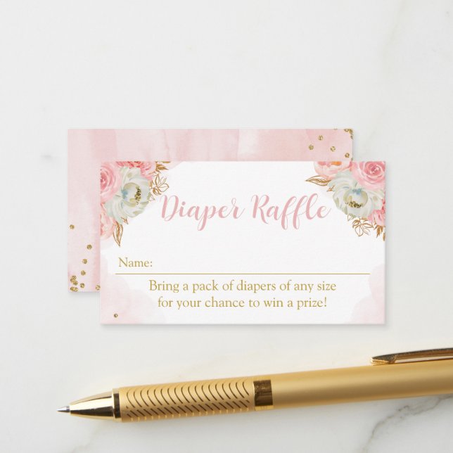 Carte D'accompagnement Diaper Raffle Floral pink and gold baby shower (Devant/Arrière en situation)