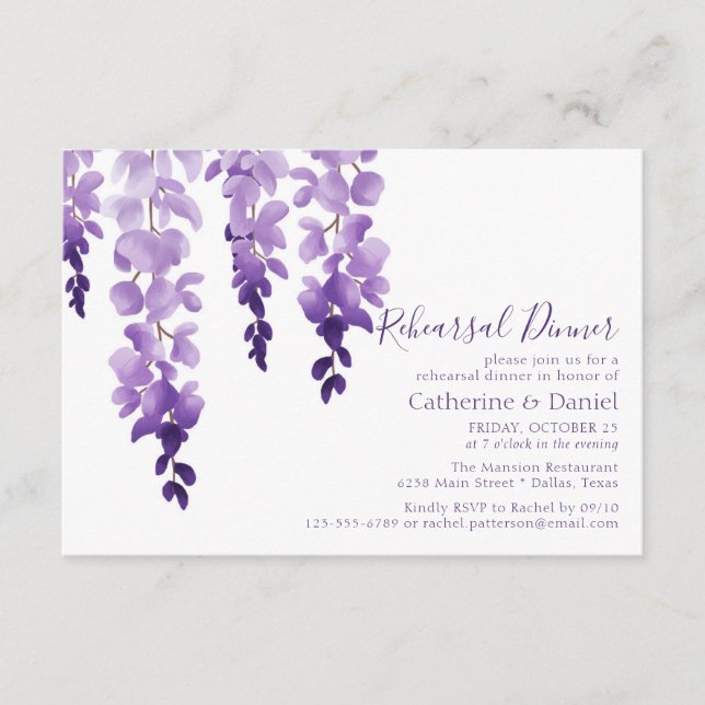 Carte D'accompagnement Dîner de répétition du Mariage de la Wisteria Wate (Devant)