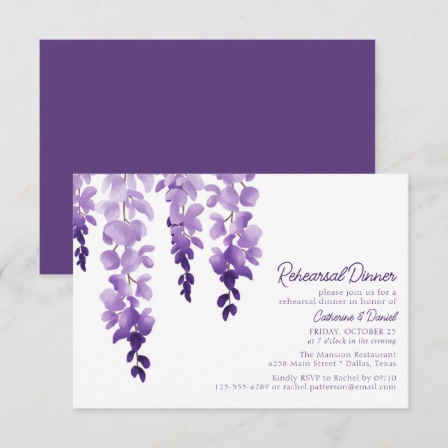 Carte D'accompagnement Dîner de répétition du Mariage de la Wisteria Wate (Devant / Derrière)