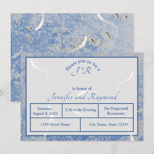 Carte D'accompagnement Dîner de répétition monogramme en marbre bleu et g (Devant / Derrière)