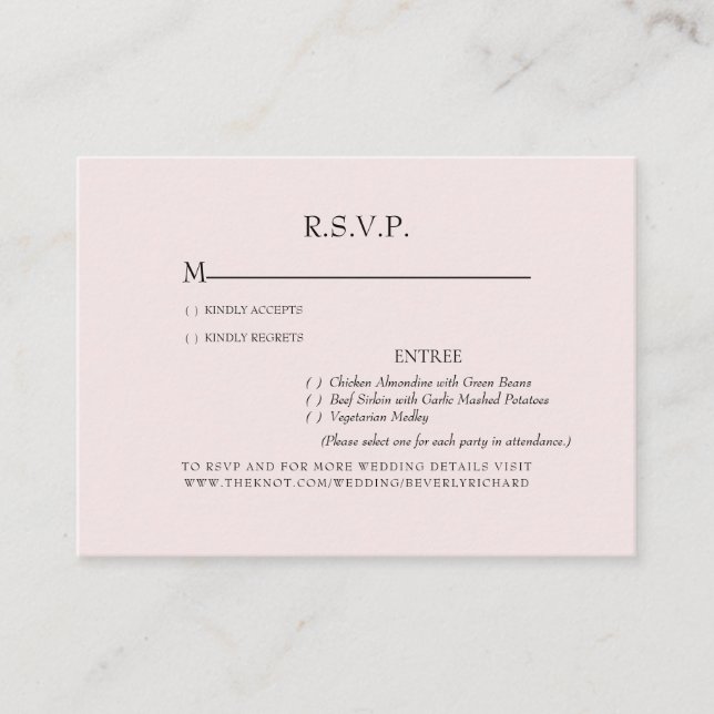 Carte D'accompagnement Dîner léger Blush Options Mariage RSVP Enclôture (Devant)