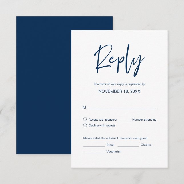 Carte D'accompagnement Dîner mariage RSVP, options de repas, bleu marine (Devant / Derrière)