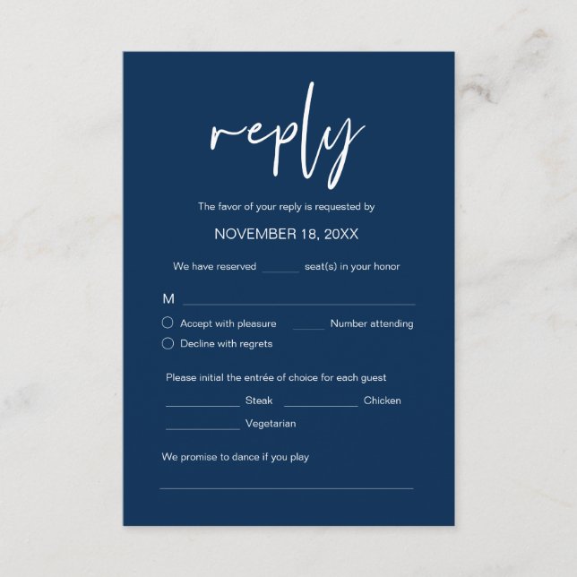 Carte D'accompagnement Dîner mariage RSVP, options de repas, demande de c (Devant)