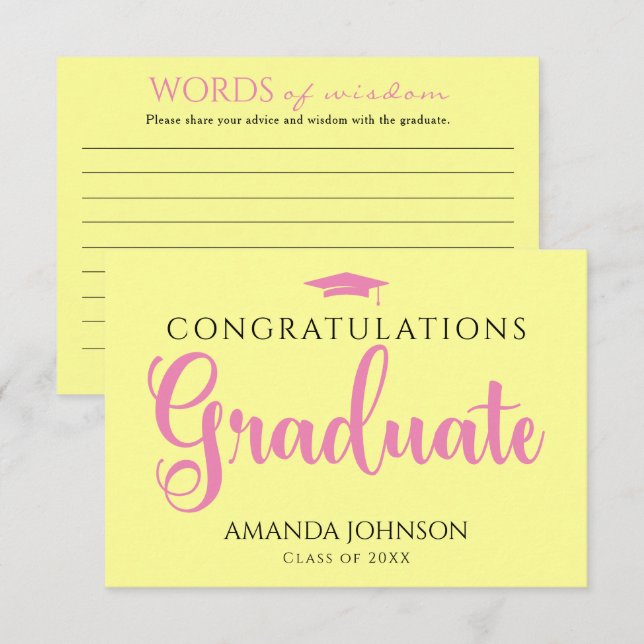 Carte D'accompagnement Diplômé rose Jaune Mots de sagesse Graduation (Devant / Derrière)