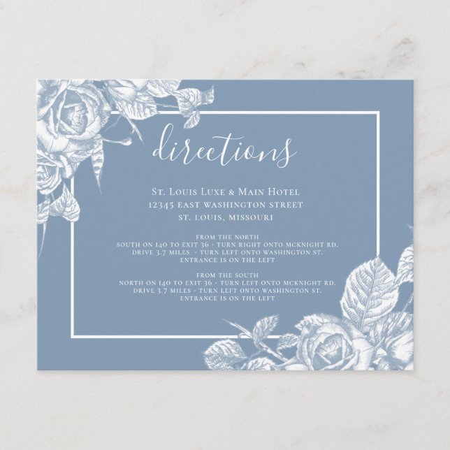 Carte D'accompagnement Directions de mariage floral bleu poussiéreux (Devant)