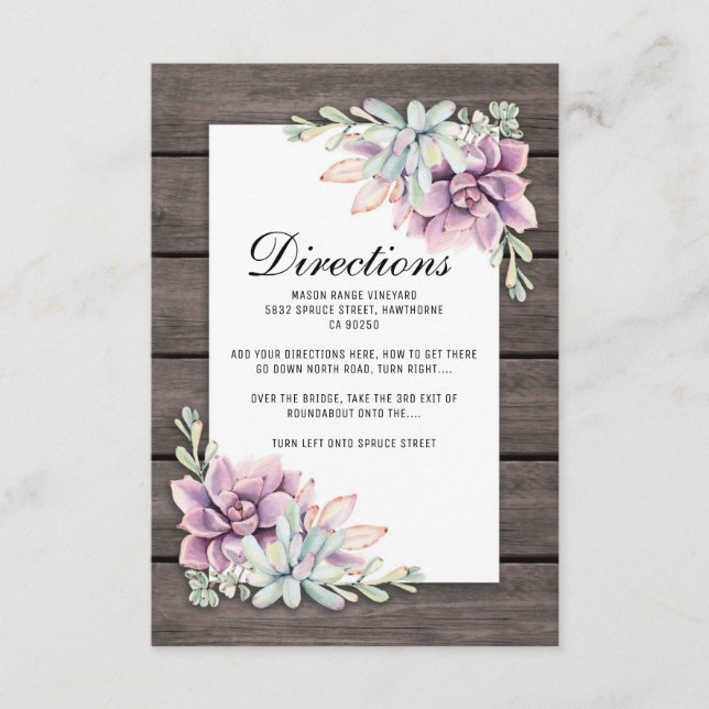 Carte D'accompagnement Directions de mariage florales succulentes rustiqu (Devant)