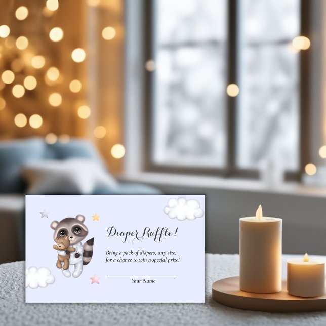 Carte D'accompagnement Doux Raccoon Baby shower bleu Raffle (Gentle Raccoon Blue Baby Shower Diaper Raffle Enclosure Card)