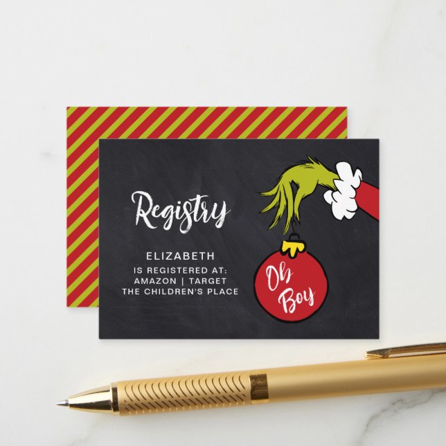 Carte D'accompagnement Dr Seuss | Registre de Baby shower Oh Boy Grinch (Devant/Arrière en situation)