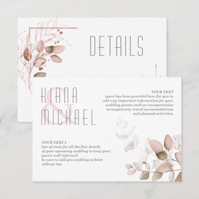 Carte D'accompagnement Dreamy Foliage Détails du Mariage Blush Pink ID817 (Devant / Derrière)