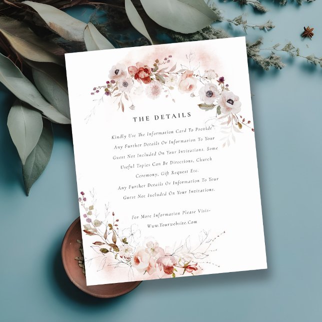 Carte D'accompagnement Dusky Fall Marsala Blush Floral Détails du Mariage (Créateur téléchargé)