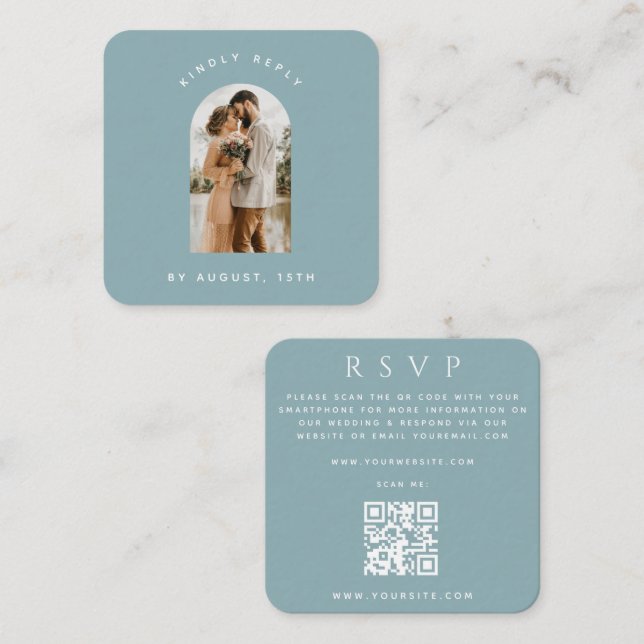 Carte D'accompagnement Dusty Blue Arch Photo QR Code Mariage en ligne RSV (Devant / Derrière)