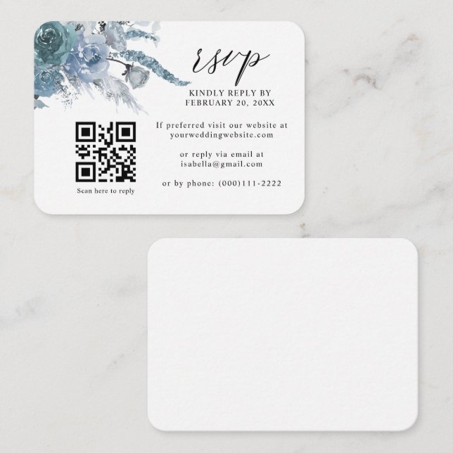 Carte D'accompagnement Dusty Blue Ardoise Boho Floral QR Code Mariage RSV (Devant / Derrière)