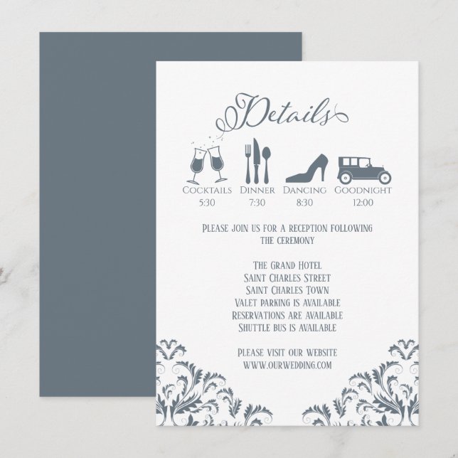 Carte D'accompagnement Dusty Blue Calligraphy Détails du Mariage Élégant (Devant / Derrière)