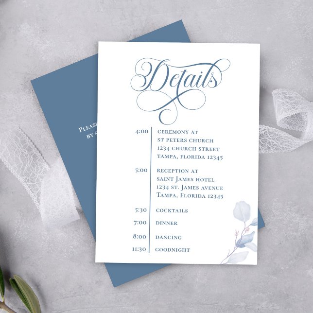 Carte D'accompagnement Dusty Blue Calligraphy QR Code Wedding Insert (Elegant dusty blue wedding details card with QR code and calligraphy timeline design)